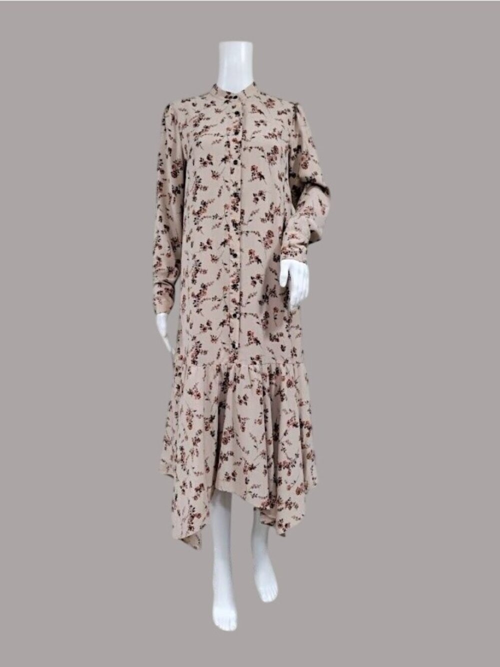 Begonia Puff Long Sleeve High Neck Floral Print Hi-Low Dress Beige Womens Small - Picture 2 of 16